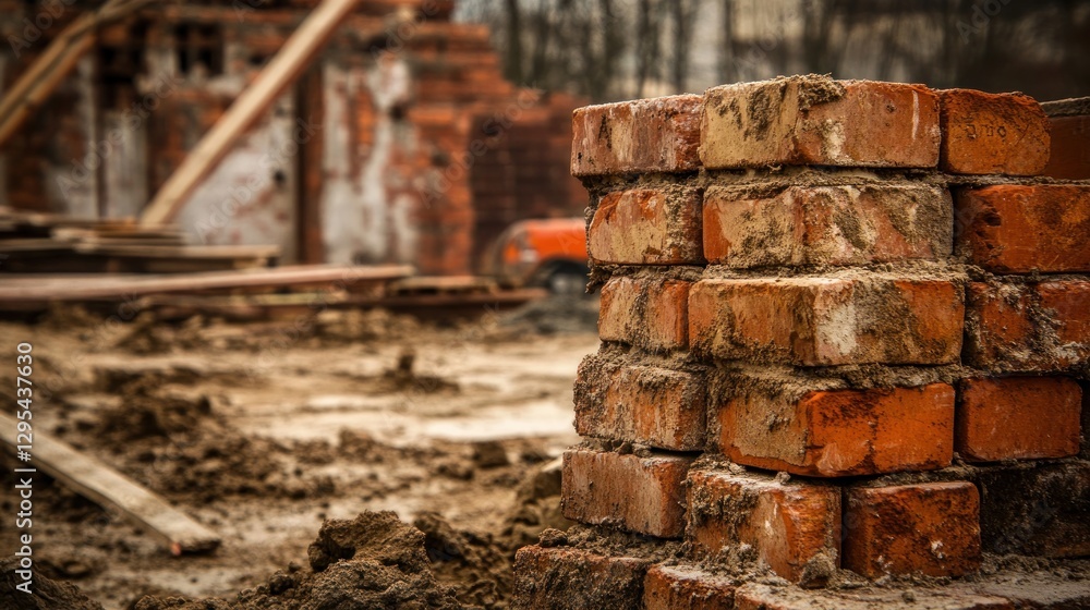 Stacked red bricks sit at a construction or demolition site Stacked red bricks sit at a construction or demolition site