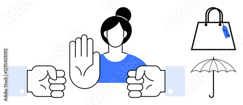 Woman making stop gesture with two fists beside her, shopping bag, umbrella. Ideal for boundaries, restrictions, self-control, moderation, decision making personal limits assertiveness. Abstract