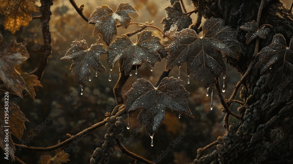 Obraz premium Vine leaves with water droplets reflecting light in nature