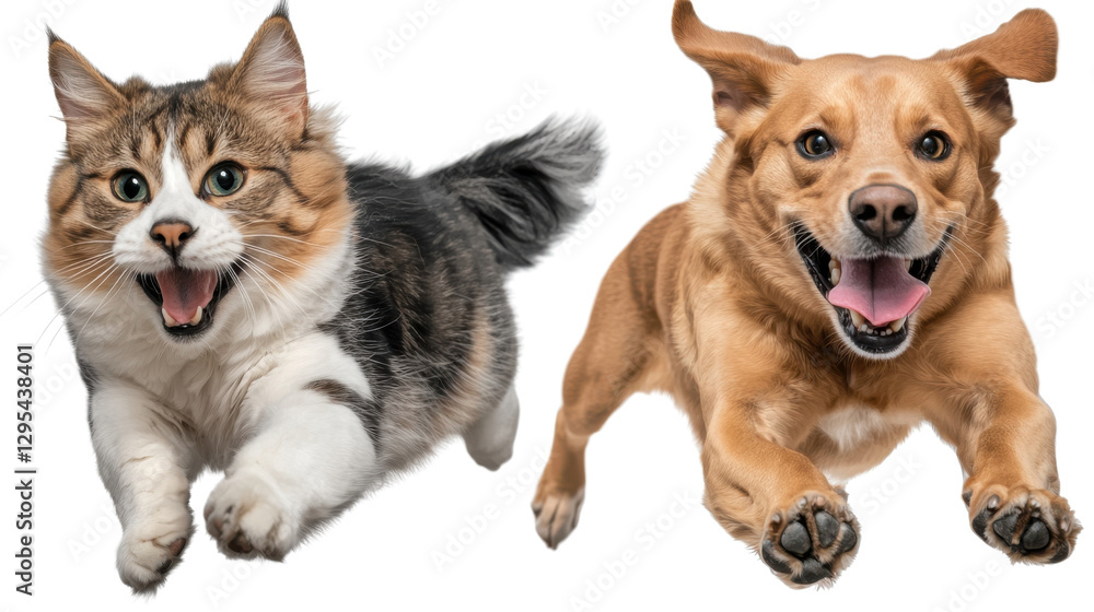 Adorable dog and cat playfully chasing and leaping after one another in a fun energetic game Adorable dog and cat playfully chasing and leaping after one another in a fun energetic game