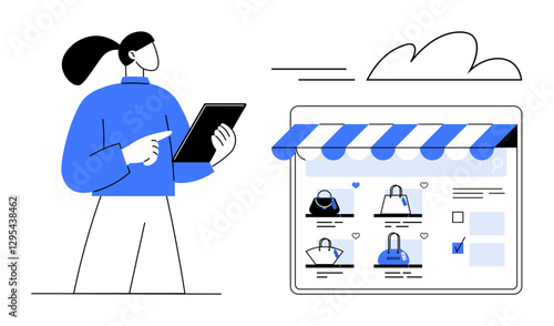 Woman using tablet while viewing an online store. Bags are on sale display in storefront. Ideal for e-commerce, online shopping, digital marketing, mobile apps, retail, consumer behavior. Line