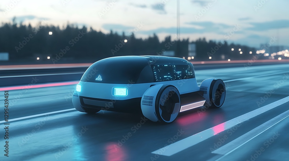 Futuristic Self-Driving Vehicle on Highway Futuristic Self-Driving Vehicle on Highway