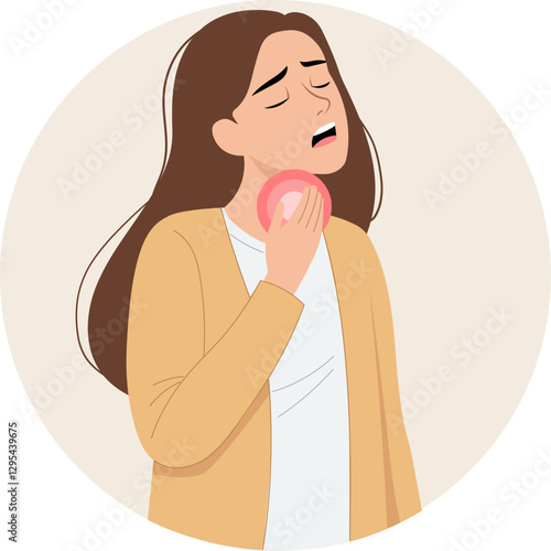 Illustration of a young woman who is sick and has a sore throat.