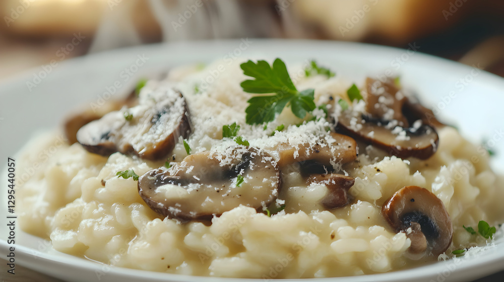 Exquisite mushroom risotto adorned with fresh parsley and grated Parmesan cheese delight Exquisite mushroom risotto adorned with fresh parsley and grated Parmesan cheese delight