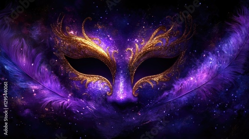 Wallpaper Mural Mystical purple and gold masquerade mask with feathers in cosmic setting. Mardi Gras, Fat Tuesday, Carnival Season. Bright Parades, Masks, Festive Costumes, Vibrant Atmosphere Torontodigital.ca