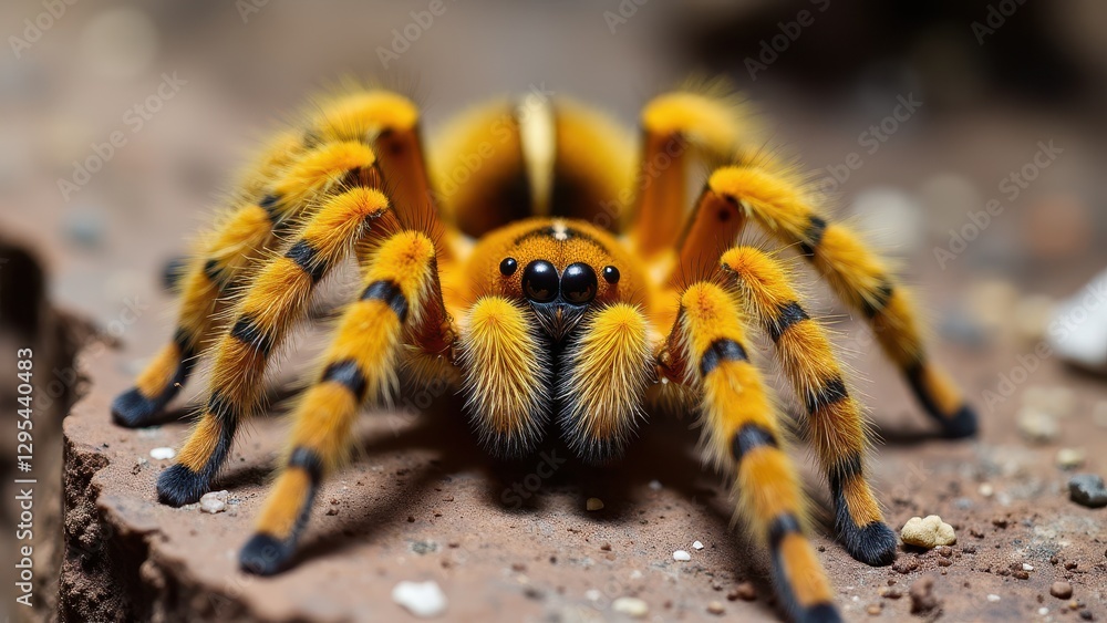 A close-up of a chaco golden knee tarantula with vibrant yellow and black striped legs, showcasing its detailed and hairy appearance. A close-up of a chaco golden knee tarantula with vibrant yellow and black striped legs, showcasing its detailed and hairy appearance.