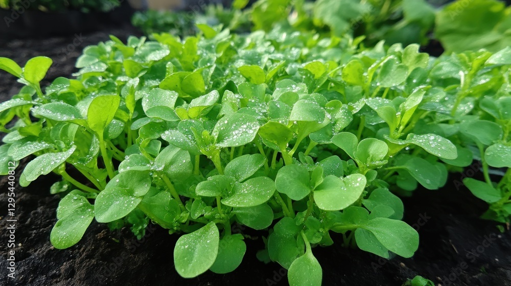Fototapeta premium Lush green seedlings sprout in dark soil after rain