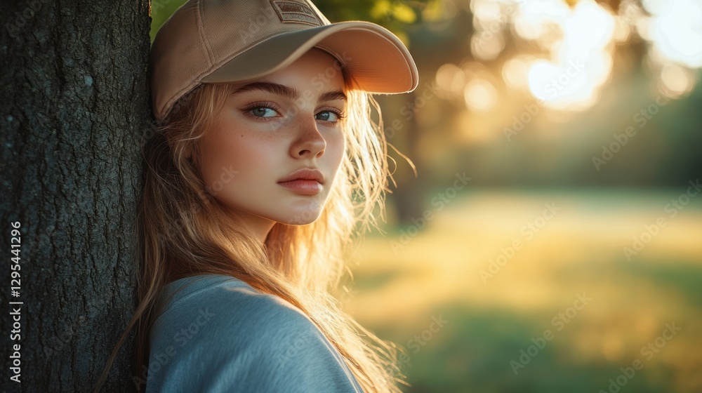 Φωτογραφία A young woman in a hoodie and baseball cap leaning against a tree in a quiet park in the early morning, against a background of dewy grass and soft light
