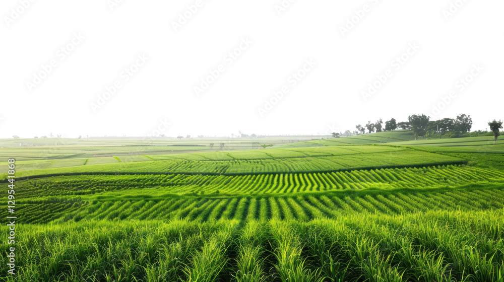 Fototapeta premium Green rice field plantation covering wide land with transparent background