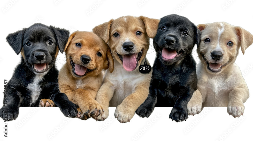 Charming group portrait of a happy pack of different breed puppies sitting together on a studio backdrop showcasing their energetic playful and affectionate personalities Charming group portrait of a happy pack of different breed puppies sitting together on a studio backdrop showcasing their energetic playful and affectionate personalities