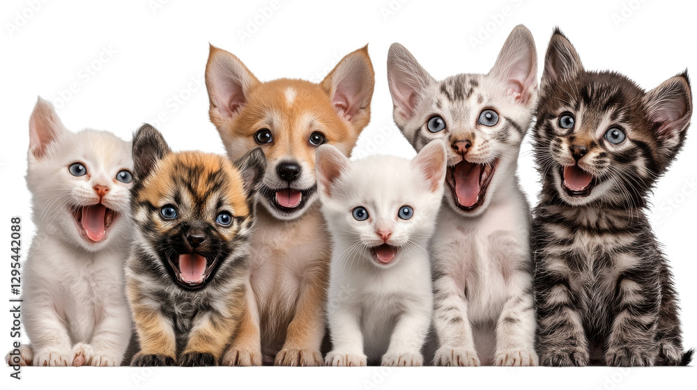 Obraz premium Adorable Domestic Pets Sitting and Lying Together in Front of White Studio Background Showing Playful and Happy Expressions