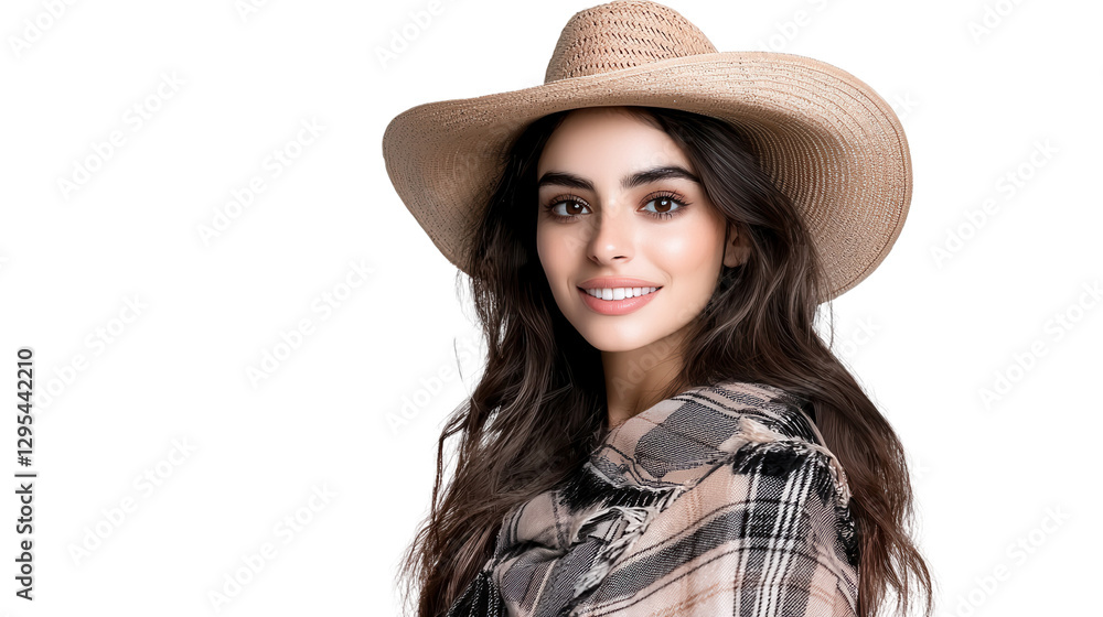 Cheerful young woman wearing stylish sun hat smiling and looking away while standing in a beautiful natural outdoor landscape with green meadow blue sky and fluffy white clouds Relaxed carefree Cheerful young woman wearing stylish sun hat smiling and looking away while standing in a beautiful natural outdoor landscape with green meadow blue sky and fluffy white clouds Relaxed carefree