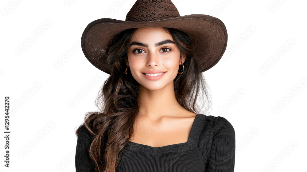 Confident and Stylish Young Woman Posing Outdoors with Warm Smile and Inviting Gaze Beautiful female model with long brunette hair wearing fashionable hat and casual outfit Confident and Stylish Young Woman Posing Outdoors with Warm Smile and Inviting Gaze Beautiful female model with long brunette hair wearing fashionable hat and casual outfit