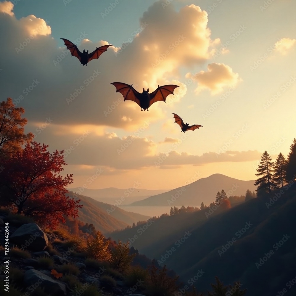 Fototapeta premium Bats flying in formation through misty autumn evening, foggy, nature, autumnal
