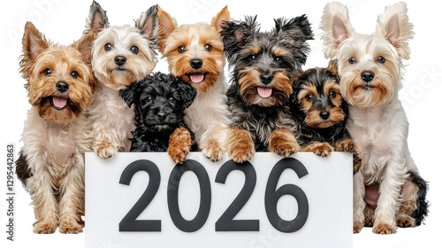 A group of cute and fluffy dogs of various breeds including Yorkshire Terriers Poodles Dachshunds and Chihuahuas posing together for a 2026 New Year on a clean white background  The dogs have happy