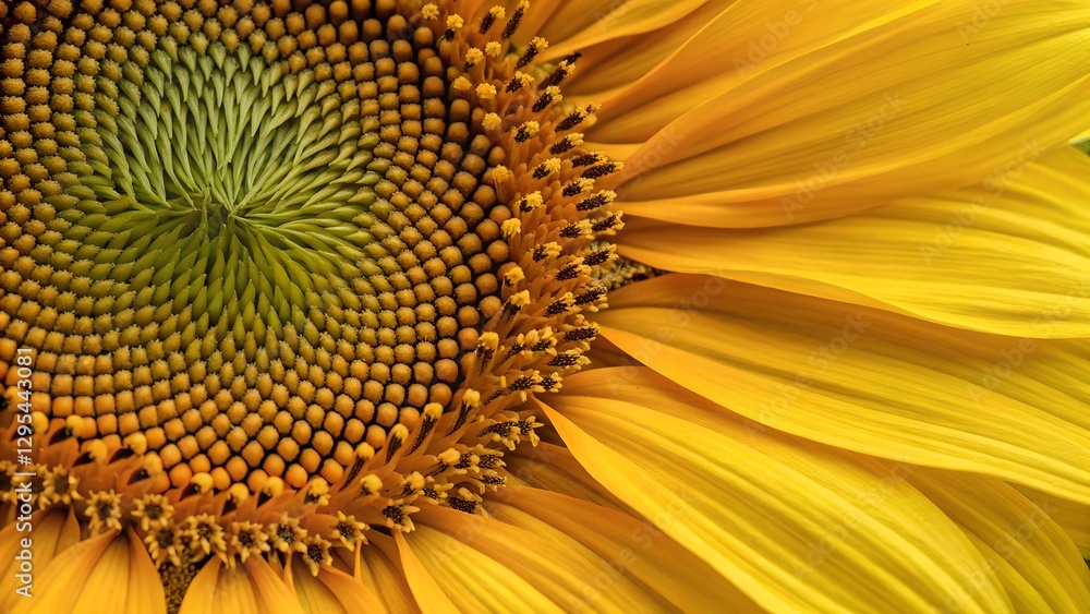 Golden Blossom: A close-up shot of a vibrant, sun-kissed sunflower, revealing the intricate spiral pattern of its core and the radiant yellow petals Golden Blossom: A close-up shot of a vibrant, sun-kissed sunflower, revealing the intricate spiral pattern of its core and the radiant yellow petals
