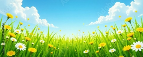 A field of tall grasses sways gently under clear blue skies with bright yellow dandelions and white cuckoo flowers, wildflowers, yellow, spring