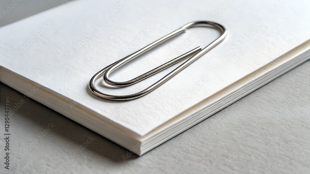 Paperclip on Paper: A simple yet elegant silver paperclip rests atop a stack of pristine, textured paper, evoking feelings of organization, simplicity, and the beauty in everyday objects. Paperclip on Paper: A simple yet elegant silver paperclip rests atop a stack of pristine, textured paper, evoking feelings of organization, simplicity, and the beauty in everyday objects.