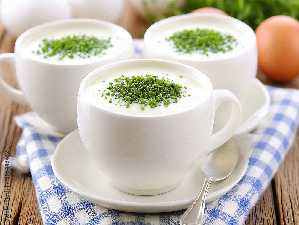 Three cups of creamy soup garnished with green herbs present Three cups of creamy soup garnished with green herbs present