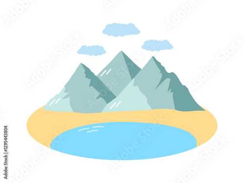 Mountain landscape with lake and clouds in flat style