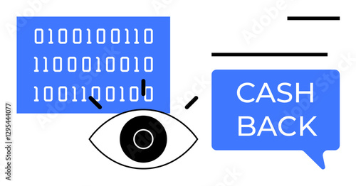Eye overseeing binary code and Cash Back text in speech bubble. Ideal for finance, technology, data visualization, digital security, marketing, online shopping, artificial intelligence. Abstract line