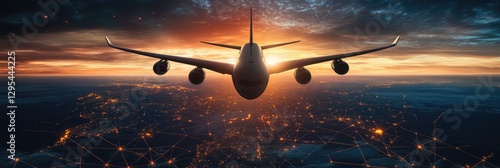 An airplane flying over a world map at sunset, symbolizing global travel and air transport technology. The plane is silhouetted against the sky with sun rays shining through it.
