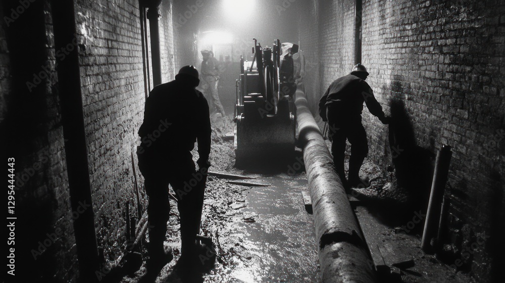 Fototapeta premium Workers construct a tunnel using machinery in a monochrome setting