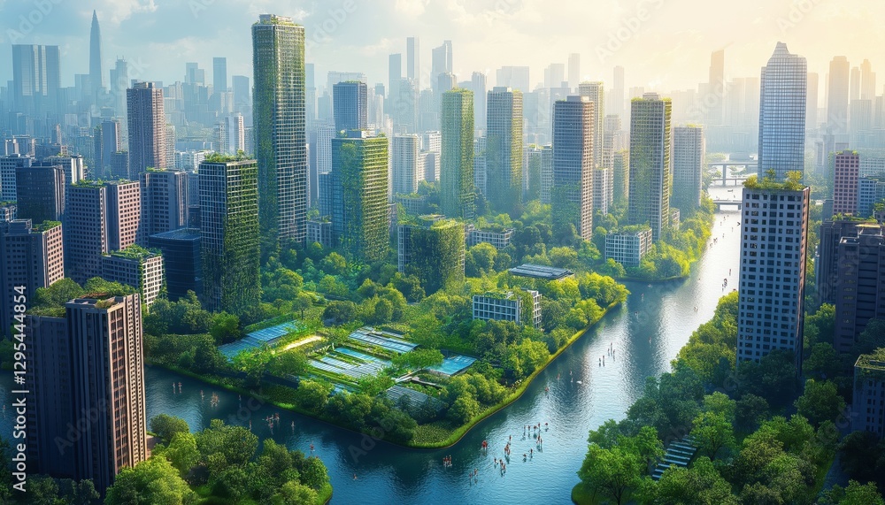 Obraz premium Eco-Friendly Green Cityscape with River and Lush Buildings - Sustainable Urban Life