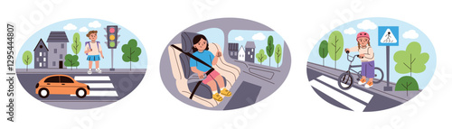 Vector illustration set of children road safety. Pedestrian crossing, bike helmet, seatbelt in car. Flat, cartoon girls characters. Traffic rules for kids, awareness, transportation, urban environment