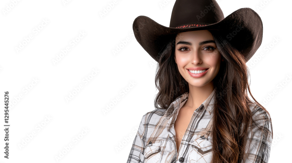 Cheerful young woman in cowgirl hat and casual western inspired clothing plaid shirt blue jeans Cheerful young woman in cowgirl hat and casual western inspired clothing plaid shirt blue jeans