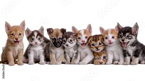 Adorable Group of Baby Kittens and Puppies Cuddling and Playing Together in a Cozy Studio Setting  Closeup Portrait of Fluffy Furry Pets with Vibrant Multicolor Coats and Playful Expressions