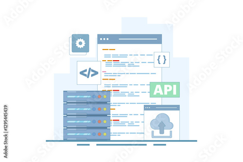 Application Programming Interface Concept, API provides an interface for communication between applications, software development tools, the Internet, and networks. flat vector illustration.