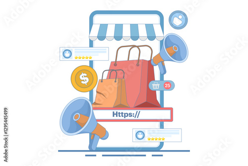 Affiliate program concept. Affiliate marketing. Promote and share affiliate links to earn commission. Earn commission for every product purchased through affiliate links. Flat design illustration.