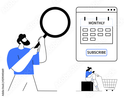 Man holding magnifying glass examines monthly subscription calendar, SUBSCRIBE button below. Nearby, woman with smartphone in shopping cart. Ideal for e-commerce, subscriptions, research, online