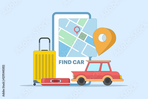 Car sharing service app concept. Book online taxi, rent and share your location with mobile app. Online taxi or rent transportation using smart phone service app. Flat vector illustration.