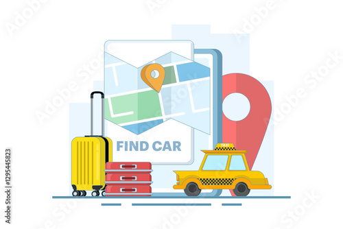 Car sharing service app concept. Book online taxi, rent and share your location with mobile app. Online taxi or rent transportation using smart phone service app. Flat vector illustration.