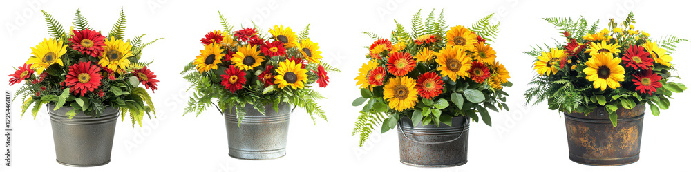 Obraz premium Vibrant floral arrangement in rustic metal vase showcasing a mix of yellow sunflowers red gerberas and lush green foliage against a warm wooden background Beautiful cheerful