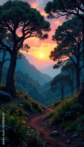 Ancient forest landscape at dusk with juniper and sandalwood trees, nature, twilight, earthy