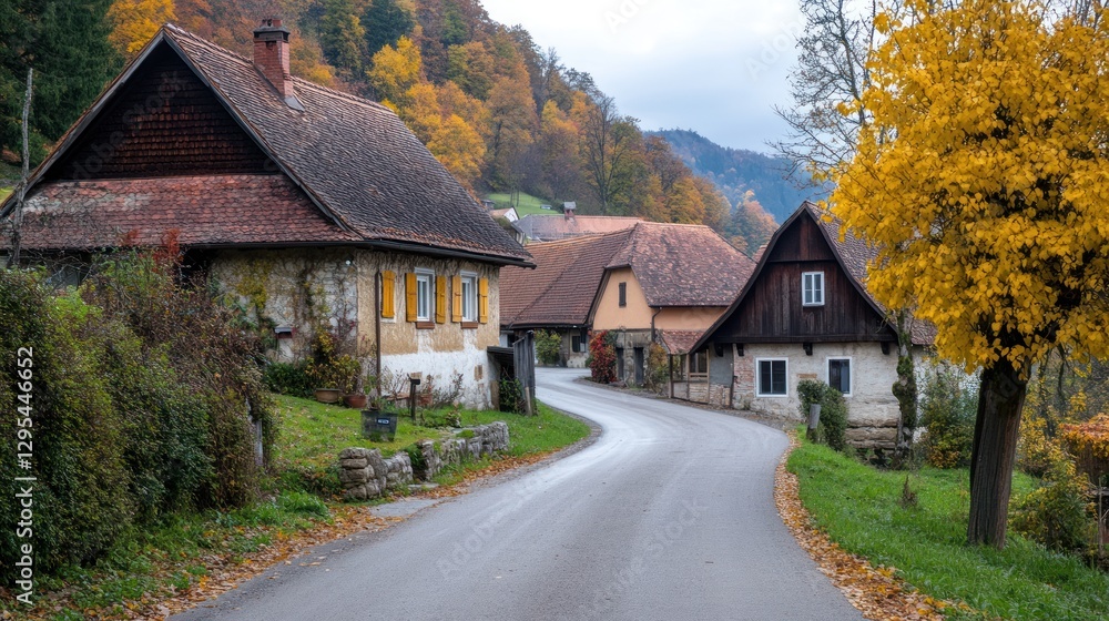 Fototapeta premium Winding road passes charming old houses in autumn landscape
