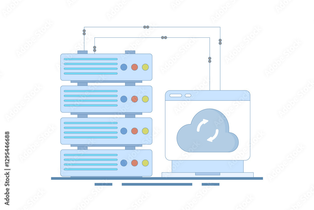 Data Server Concept . Laptop with Data Server. Cloud computing. Data storage protection, computing science disk services, connection innovation. Vector Illustration Design on background. Data Server Concept . Laptop with Data Server. Cloud computing. Data storage protection, computing science disk services, connection innovation. Vector Illustration Design on background.