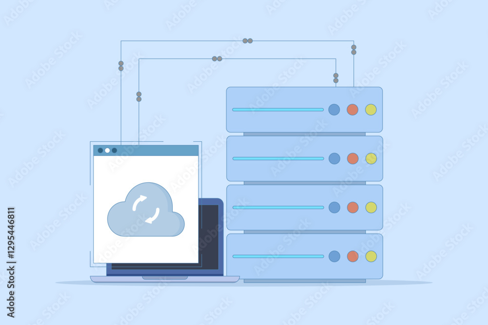 Data Server Concept . Laptop with Data Server. Cloud computing. Data storage protection, computing science disk services, connection innovation. Vector Illustration Design on background. Data Server Concept . Laptop with Data Server. Cloud computing. Data storage protection, computing science disk services, connection innovation. Vector Illustration Design on background.