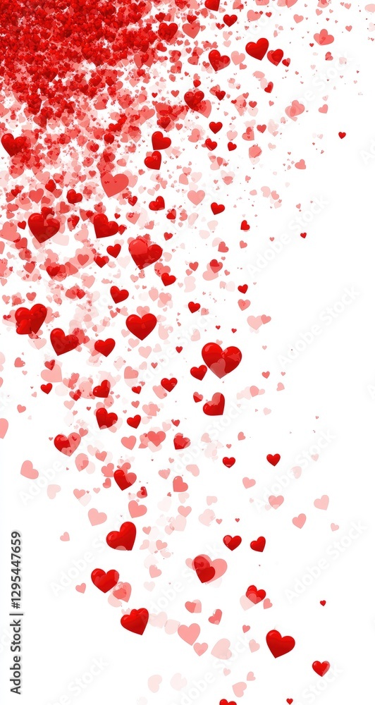 White background, red hearts falling from the top left corner to the bottom right corner, small and large heart shapes of different sizes White background, red hearts falling from the top left corner to the bottom right corner, small and large heart shapes of different sizes