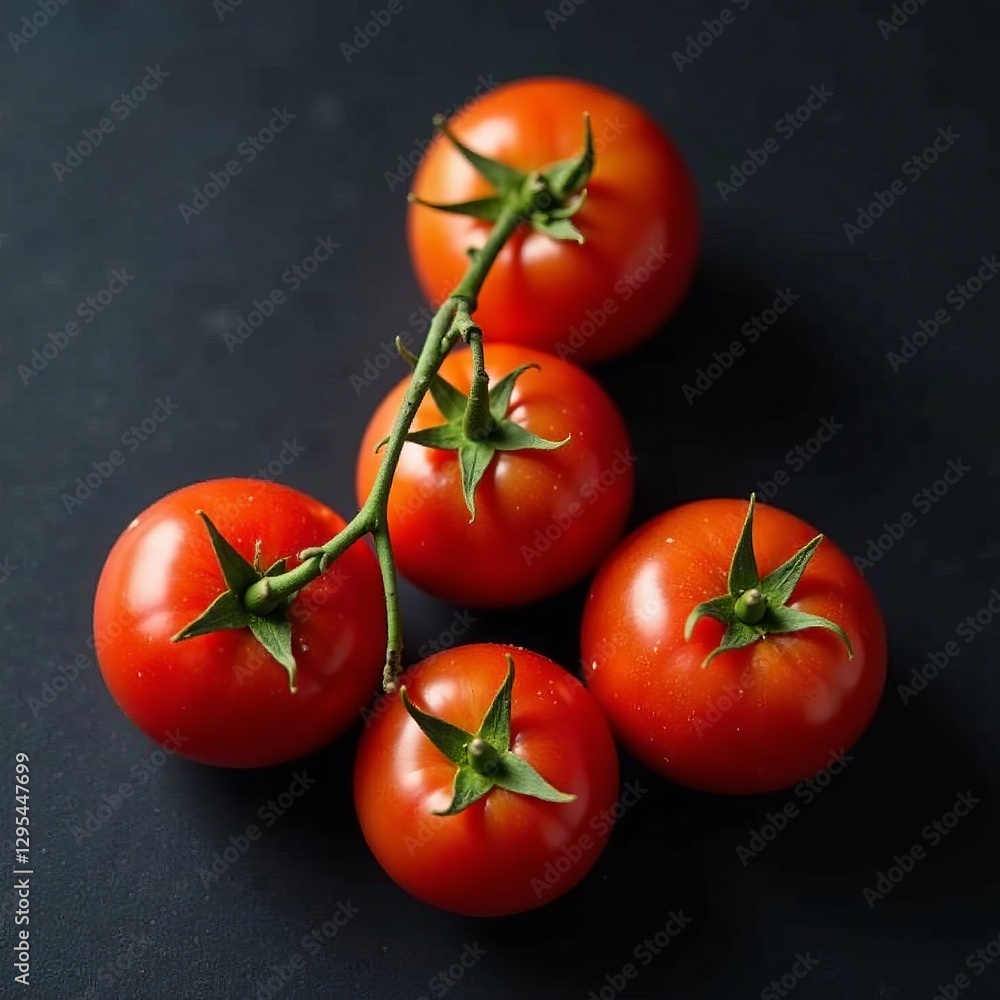 Vibrant cherry tomatoes with stems on dark background, close-up, glossy Vibrant cherry tomatoes with stems on dark background, close-up, glossy