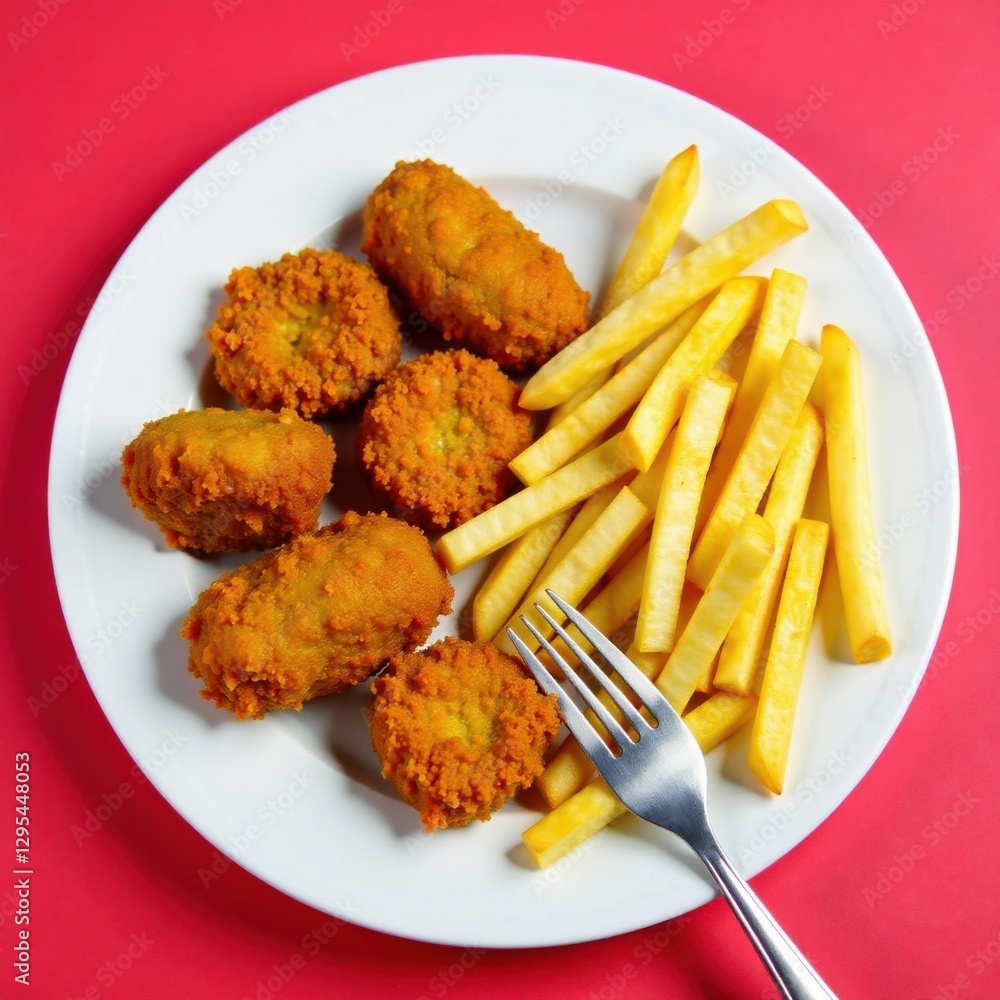 Chicken nuggets and fries on a white plate with utensils, plate, french fry, utensil Chicken nuggets and fries on a white plate with utensils, plate, french fry, utensil