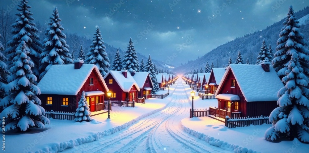 Fototapeta premium Christmas village with snowy houses and streets, festive, seasonal, houses