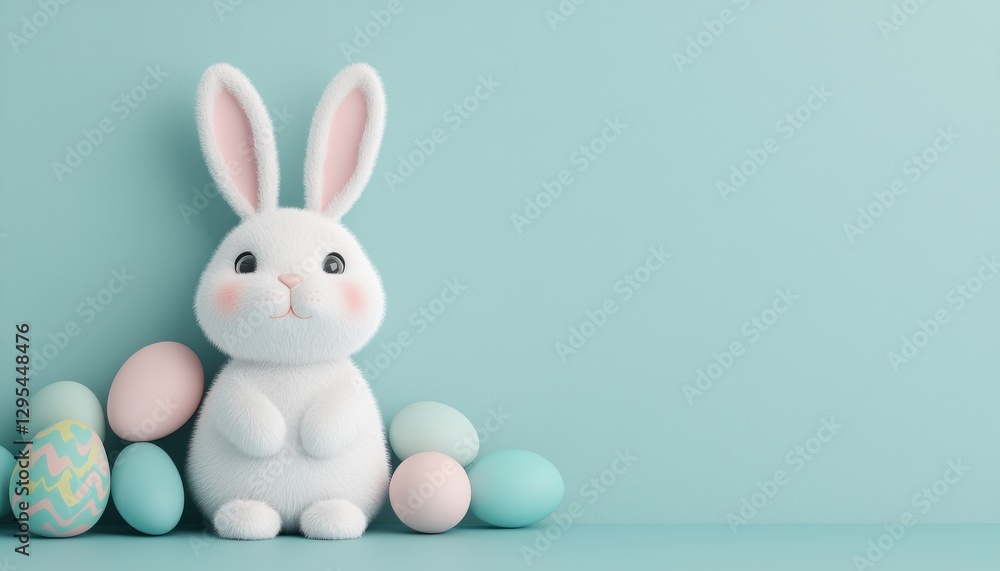 Easter bunny symbolism in spring celebration. Fluffy white bunny beside pastel Easter eggs on a soft blue background. Easter bunny symbolism in spring celebration. Fluffy white bunny beside pastel Easter eggs on a soft blue background.