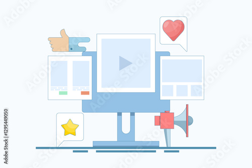 brand awareness campaign concept, Social Media Advertising, Social media advertising for audience engagement, marketing campaign, public relations in social media promotion. flat vector illustration.