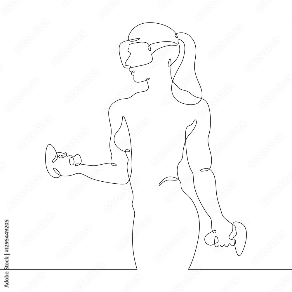 Continuous one line drawing woman in virtual reality. Girl in VR headset. High technology.
One continuous line isolated minimal illustration.Not AI. Continuous one line drawing woman in virtual reality. Girl in VR headset. High technology.
One continuous line isolated minimal illustration.Not AI.