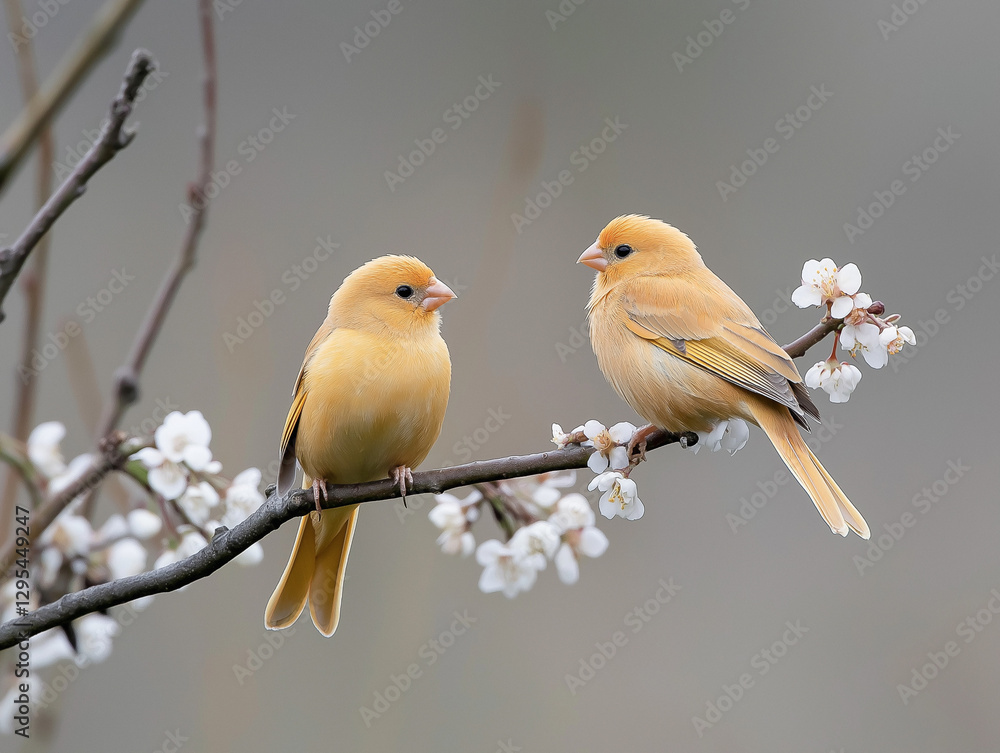 Obraz premium Two yellow birds perched on a flowering branch during a serene spring day