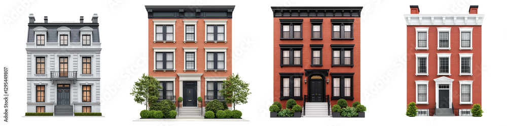 Naklejka premium Charming Historic Brick Townhouses with Lush Greenery Lining the Streets of an Urban Residential Neighborhood